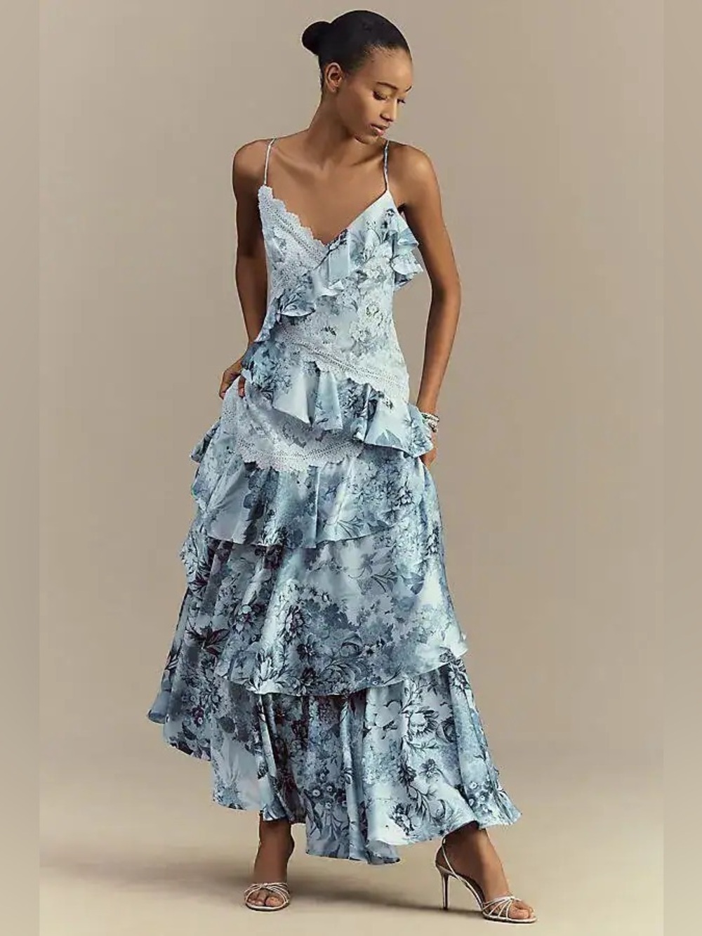 BHLDN Elora Sleeveless V-Neck Ruffle Lace Maxi Dress